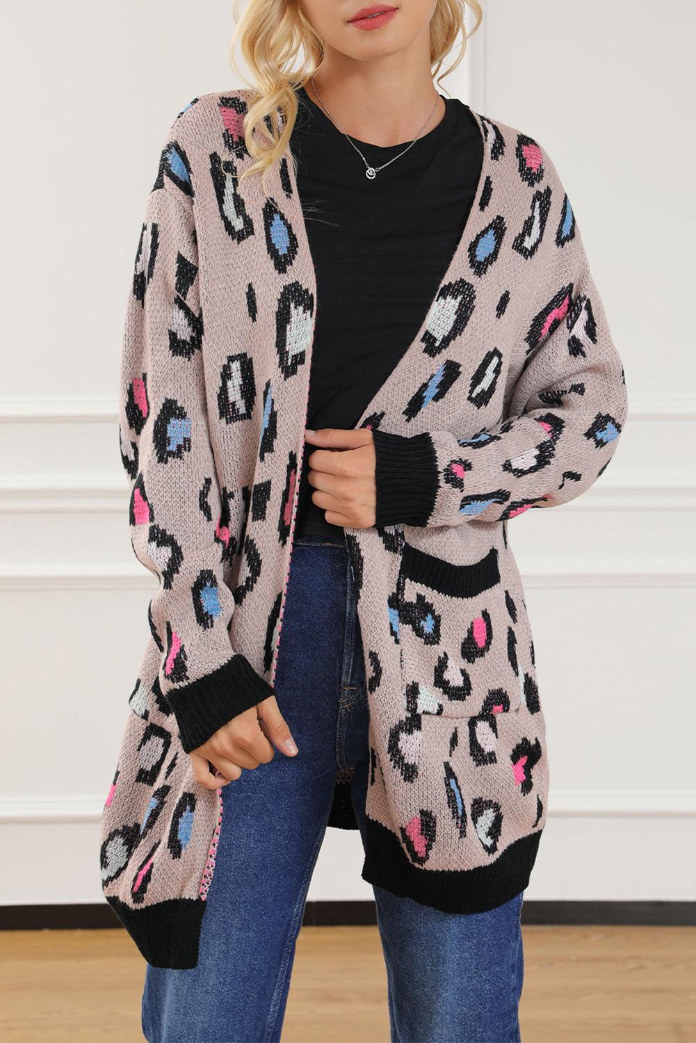 Leopard Contrast Trim Pocketed Open Cardigan - L & M Kee, LLC