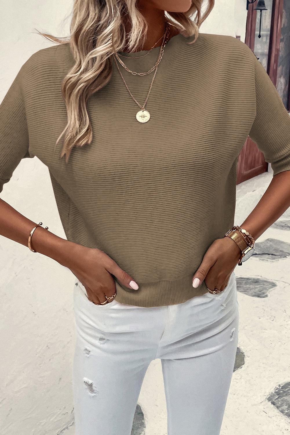 Coffee Round Neck Half Sleeve Ribbed Knit Top - L & M Kee, LLC