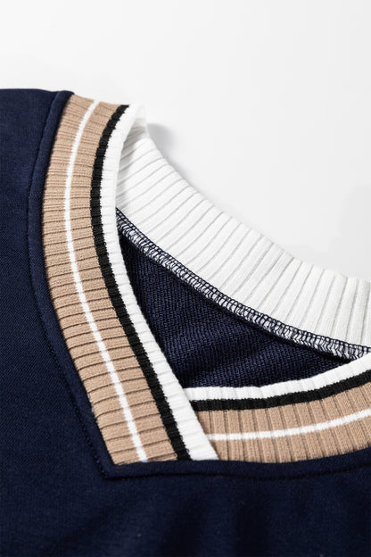 Navy Blue Varsity Contrast Striped Trim V Neck Sweatshirt