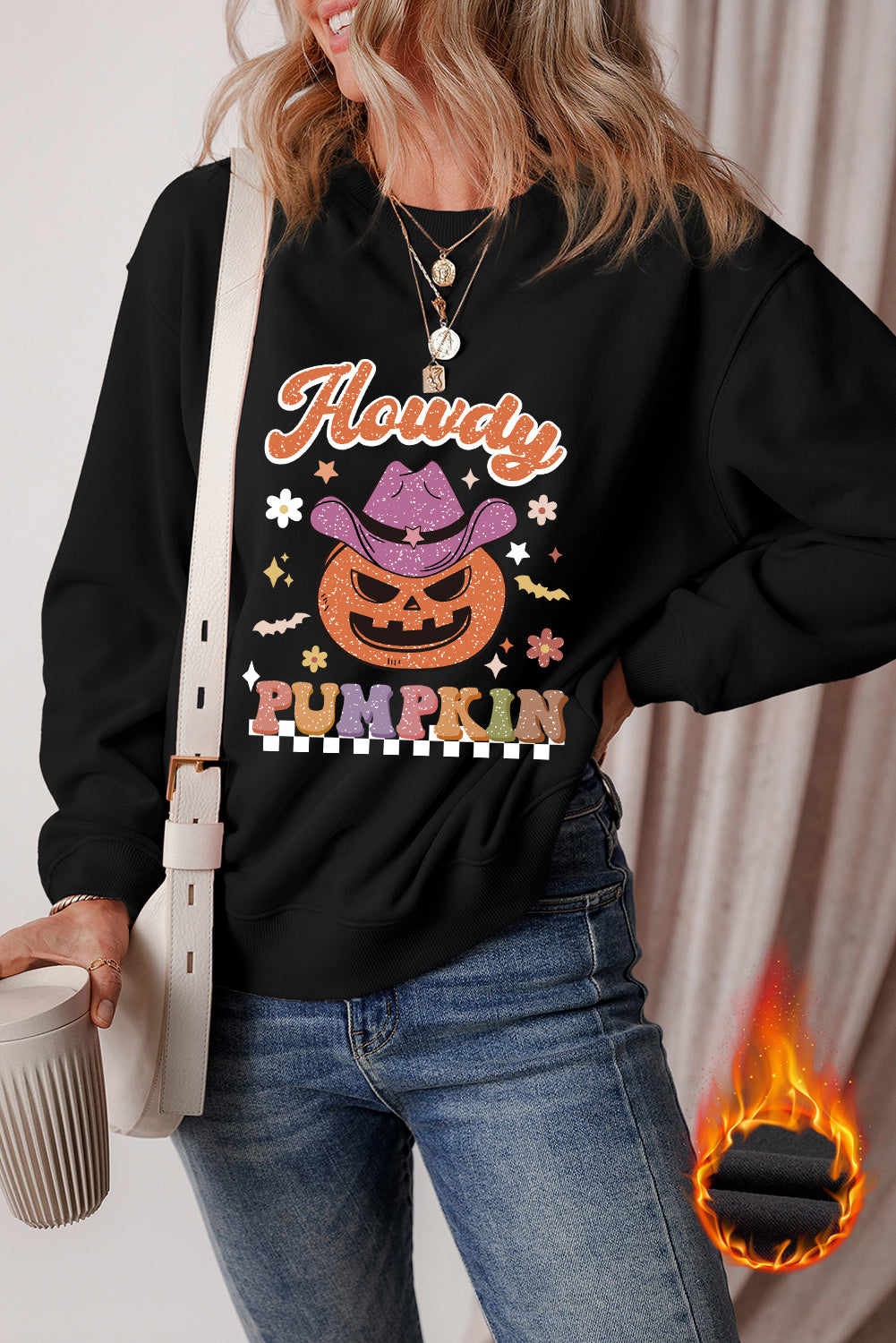 Black Halloween Howdy PUMPKIN Print Crew Neck Pullover Sweatshirt