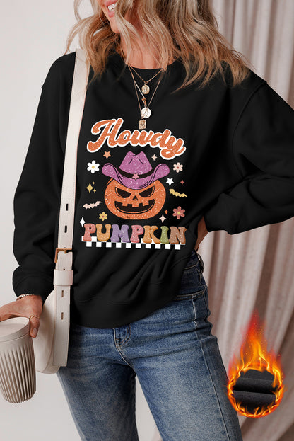 Black Halloween Howdy PUMPKIN Print Crew Neck Pullover Sweatshirt