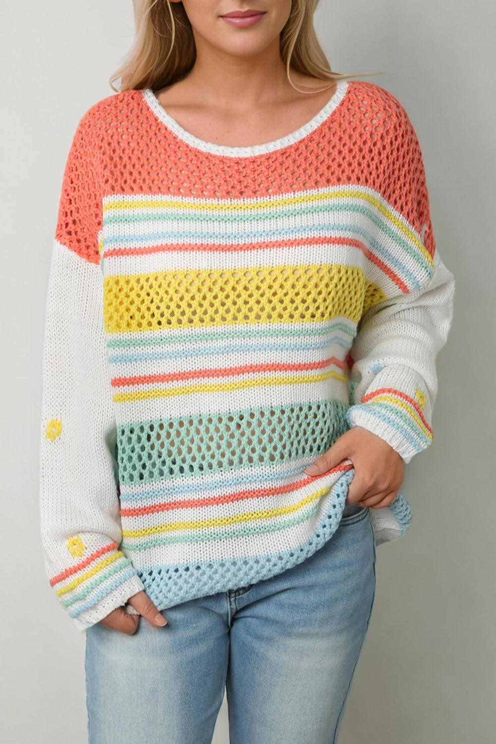 Multicolor Hollow Striped Knit Contrast Sleeve Sweater - L & M Kee, LLC