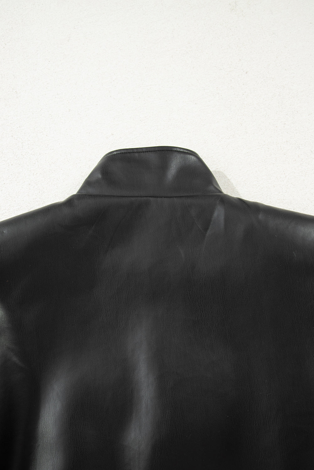 Black Double Flap Pocket Faux Leather Zip Up Stand Neck Vest