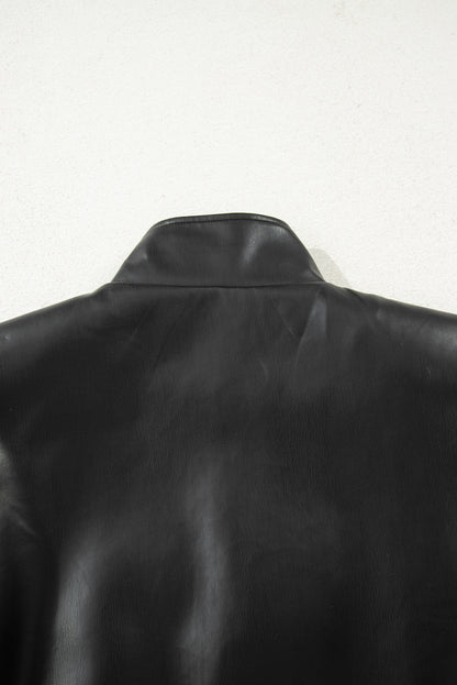 Black Double Flap Pocket Faux Leather Zip Up Stand Neck Vest