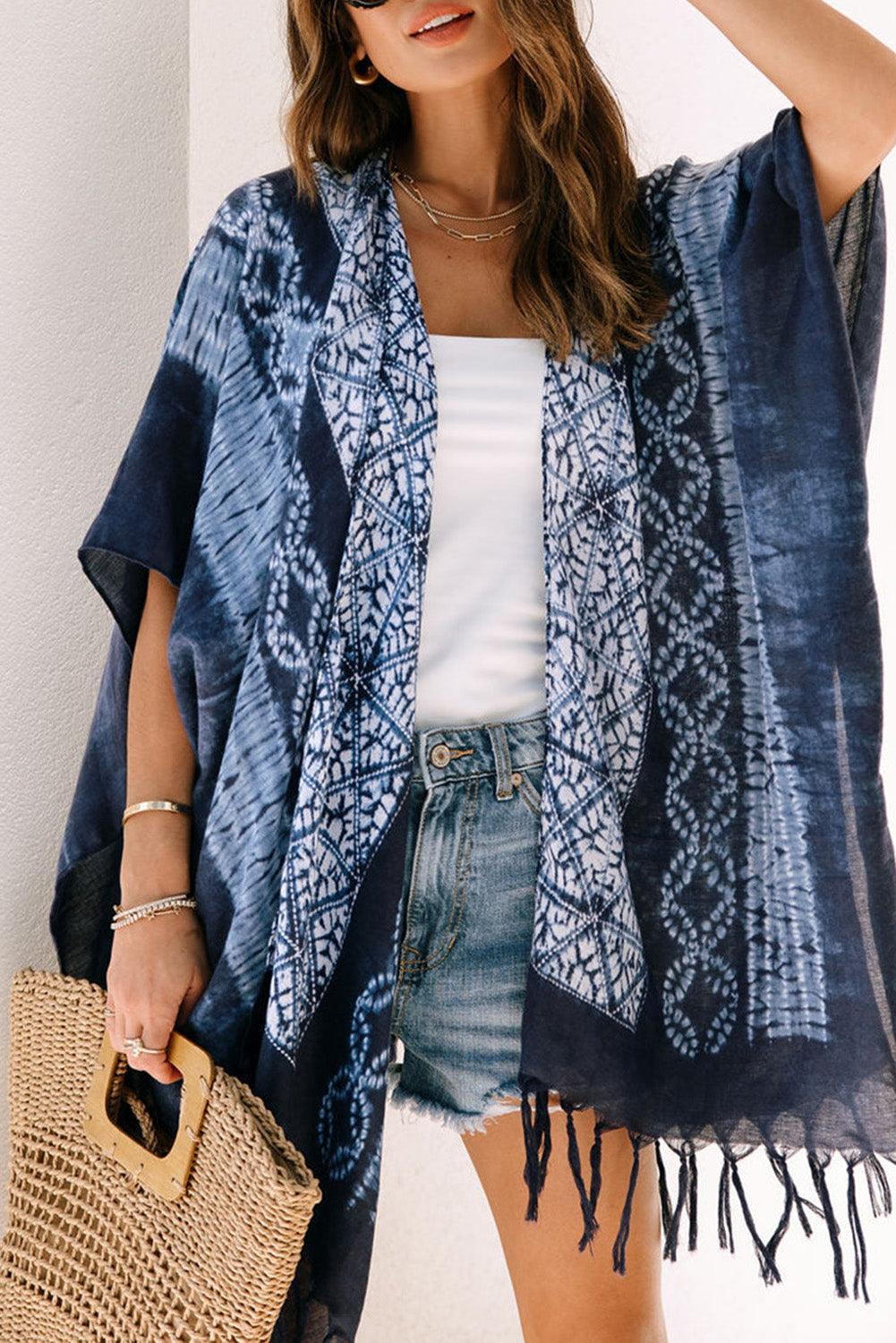 Blue Tie Dye Short Sleeves Tassels Kimono - L & M Kee, LLC