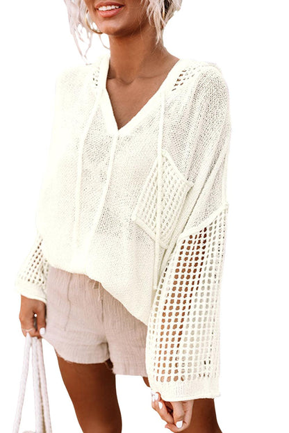White Open Knit Long Sleeve Pocketed Hooded Sweater - L & M Kee, LLC