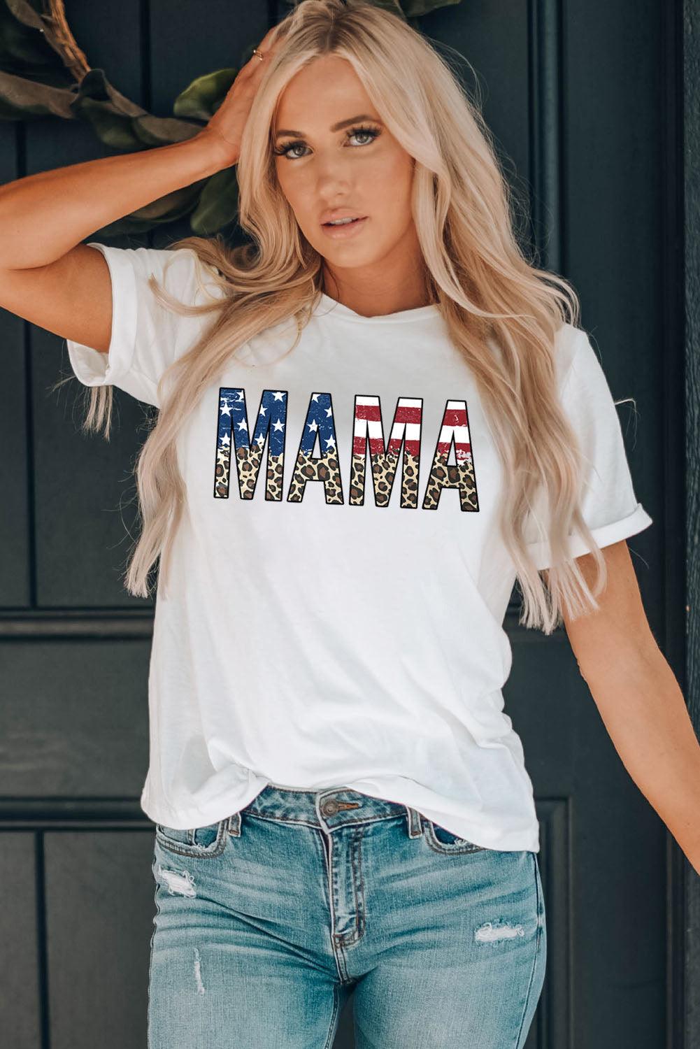 White MAMA Flag Leopard Letter Graphic Cotton T Shirt - L & M Kee, LLC