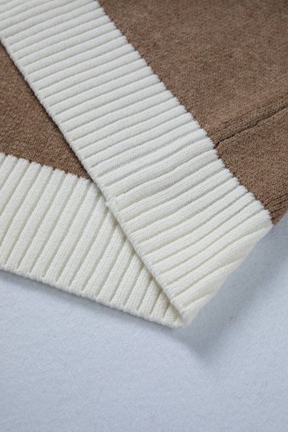 Khaki Houndstooth Color Block V Neck Raw Edge Button Front Cardigan