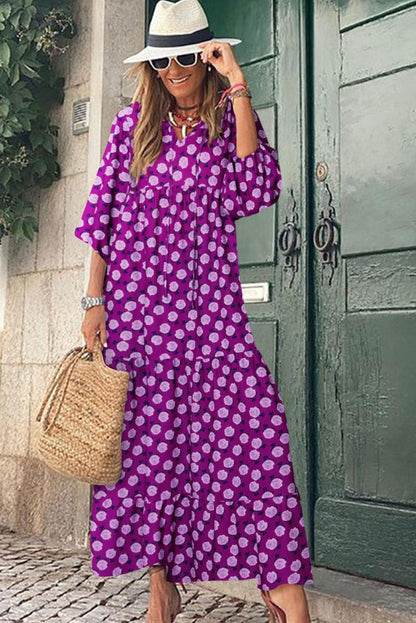 Purple Boho Printed Puff Sleeve Maxi Dress - L & M Kee, LLC