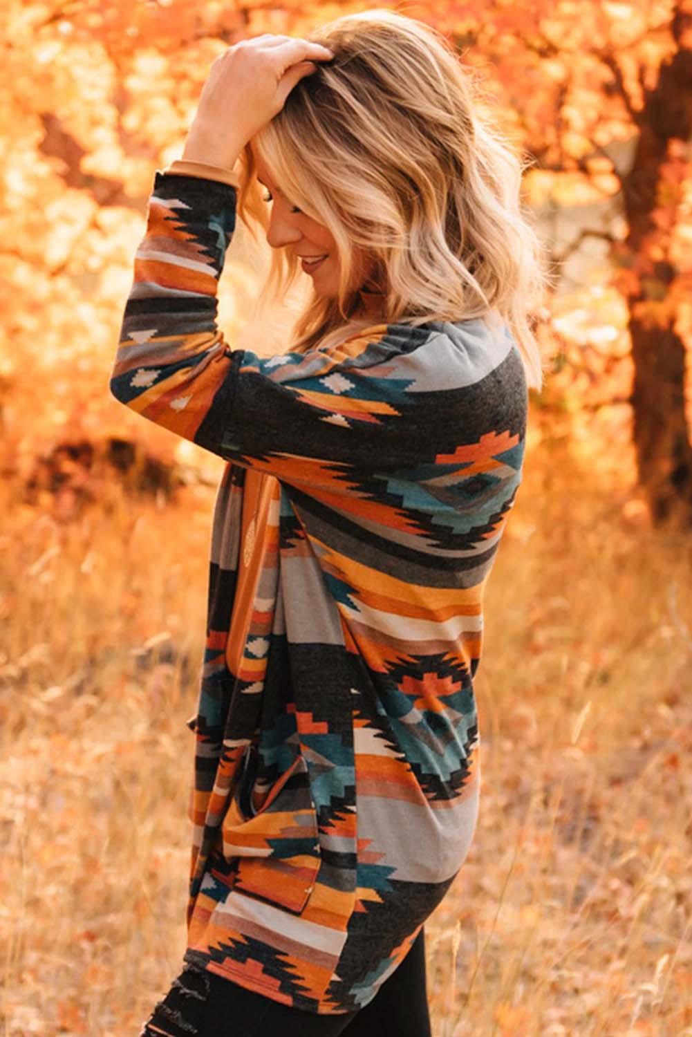 Orange Western Tribal Aztec Print Cardigan - L & M Kee, LLC