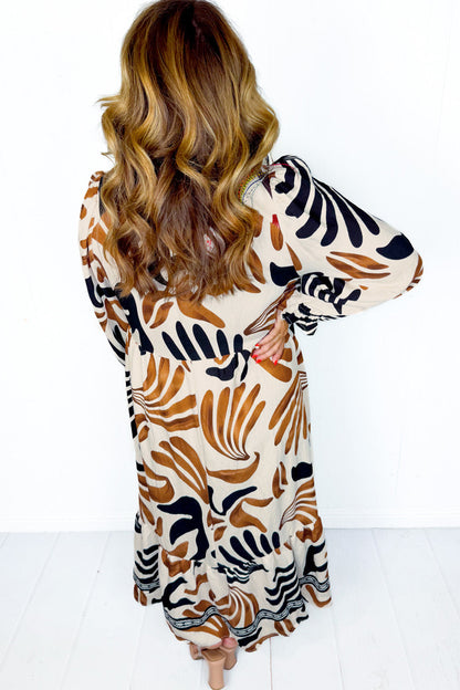 White Plus Size Abstract Print Contrast Collar Split Neck Shift Long Dress