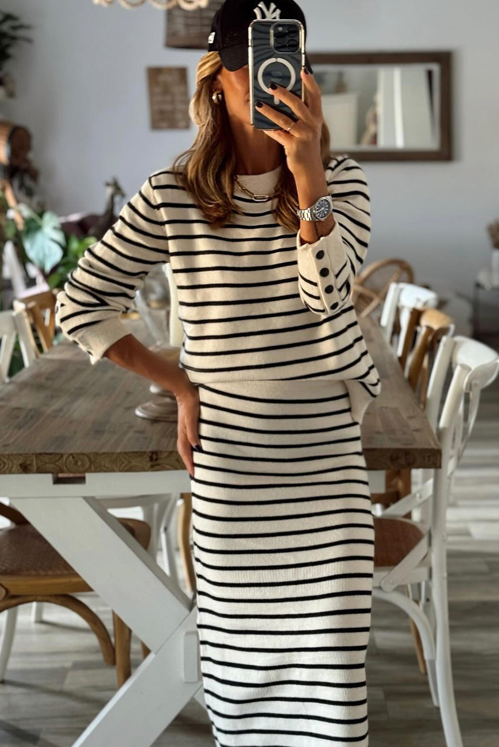 Black Stripe Ribbed Trim Button Cuff Long Sleeve Top Midi Skirt 2pcs Outfit