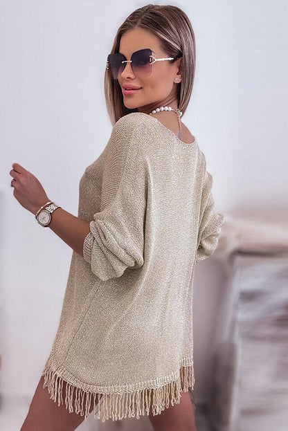 Khaki Lightweight Knit Fringe Hem Loose Sweater - L & M Kee, LLC