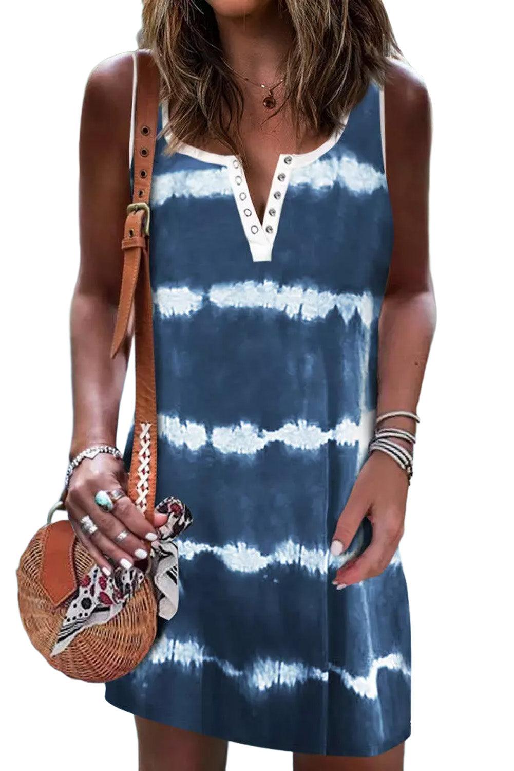 Tie Dye Striped Button Notch V Neck Mini Dress - L & M Kee, LLC