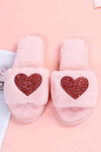 Pink Sequin Heart Shaped Slip On Plush Slippers - L & M Kee, LLC