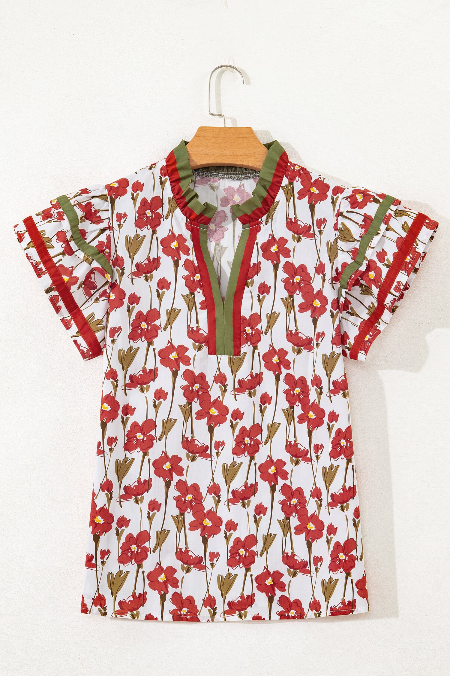 Red Floral Print Contrast Trim V Neck Double Ruffled Short Sleeve Blouse