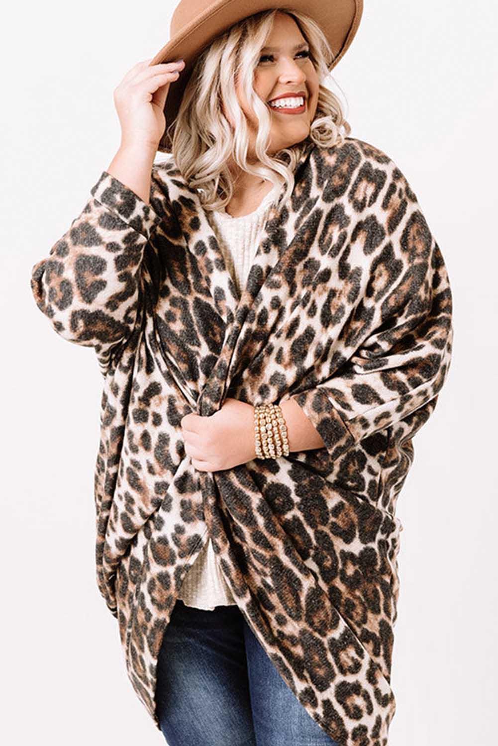 Leopard Plus Size Draped Open Front Cardigan - L & M Kee, LLC