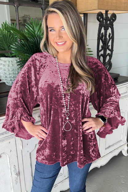 Red Dahlia Velvet Pagoda Sleeve Crew Neck Top - L & M Kee, LLC