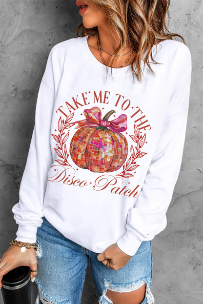 Beige Halloween Disco Ball Pumpkin Print Pullover Sweatshirt