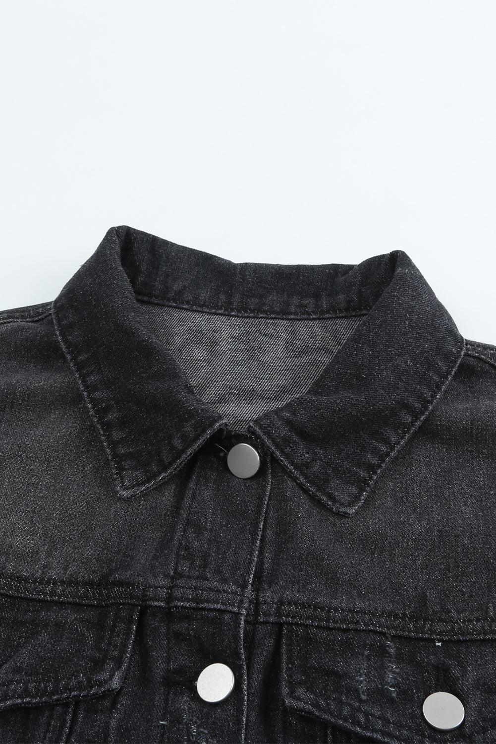 Blank Apparel - Blue Lapel Distressed Raw Hem Buttons Denim Jacket