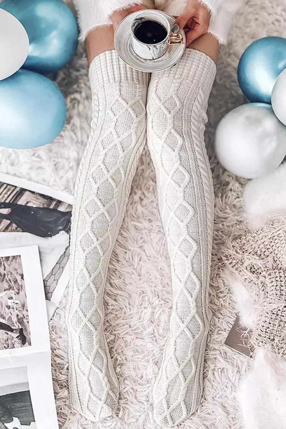 Bright White Cable Knit Thigh High Winter Socks - L & M Kee, LLC