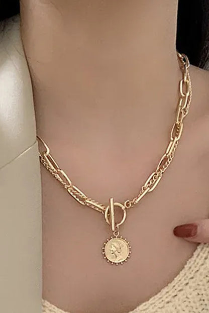 Gold Plated Vintage Carved Coin Pendant Chain Necklace