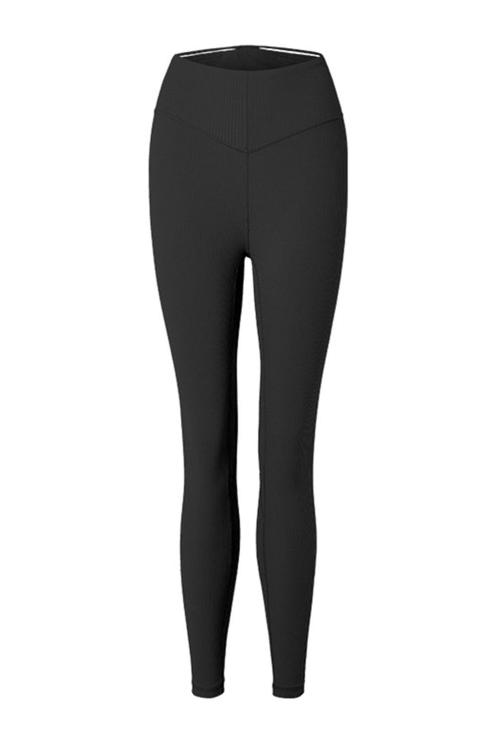 Black Wide Waistband Ribbed Skinny Yoga Pants - L & M Kee, LLC