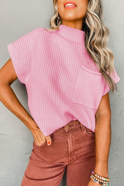 Pink Patch Pocket Ribbed Knit Short Sleeve Sweater - L & M Kee, LLC