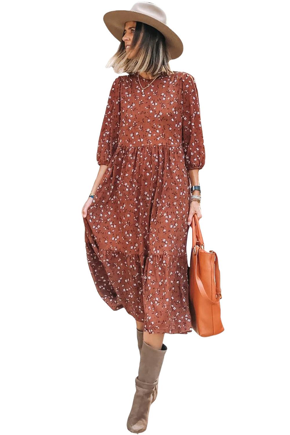 Chestnut Floral Print 3/4 Sleeve Ruffle Hem Midi Dress - L & M Kee, LLC