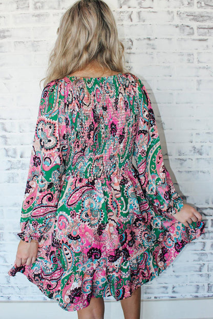 Boho Paisley Print Ruffle Hem Dress - L & M Kee, LLC