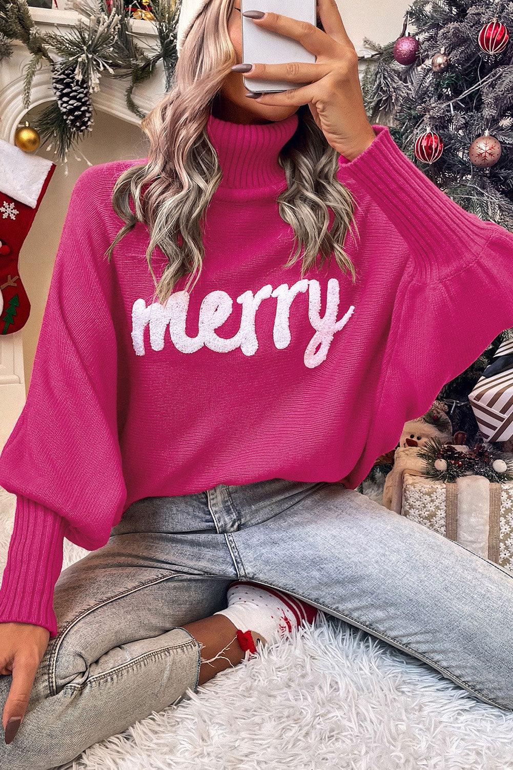 Red Merry Letter Embroidered High Neck Sweater - L & M Kee, LLC