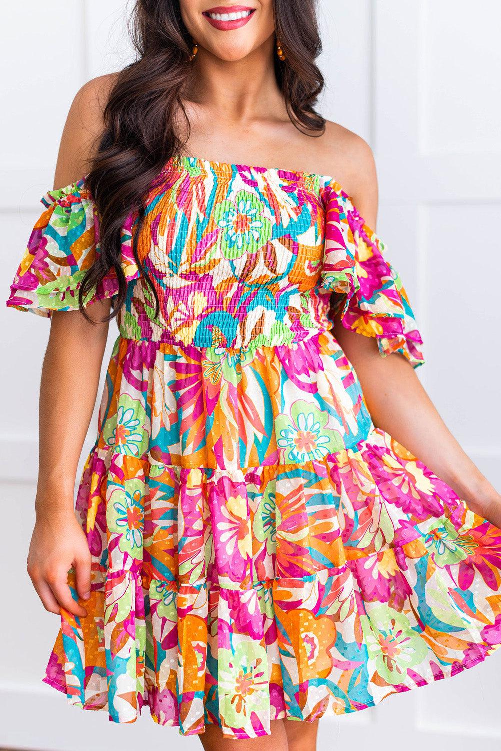 Multicolor Boho Off-shoulder Smocked Tiered Floral Dress