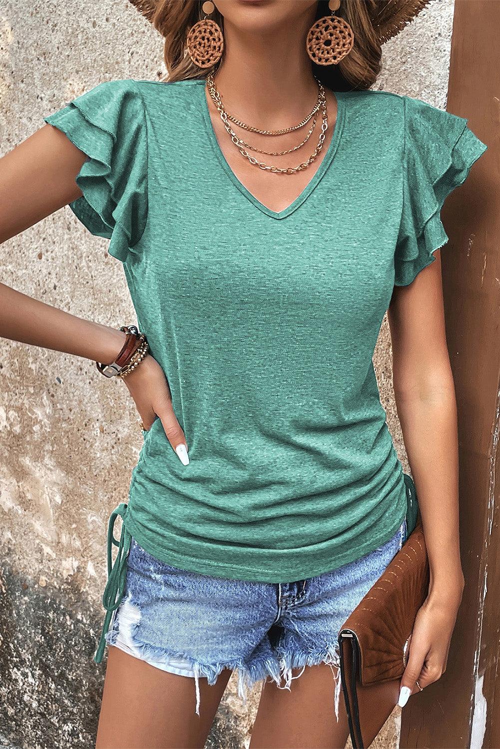 Green Ruffle Short Sleeves V Neck Drawstring Top - L & M Kee, LLC