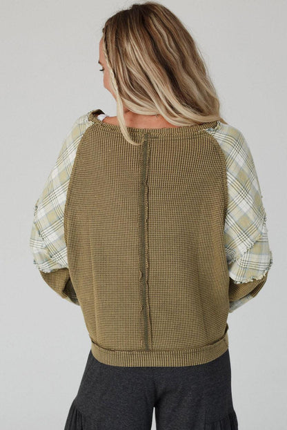 Green Plaid Patch Waffle Knit Exposed Seam Bubble Sleeve Top - L & M Kee, LLC