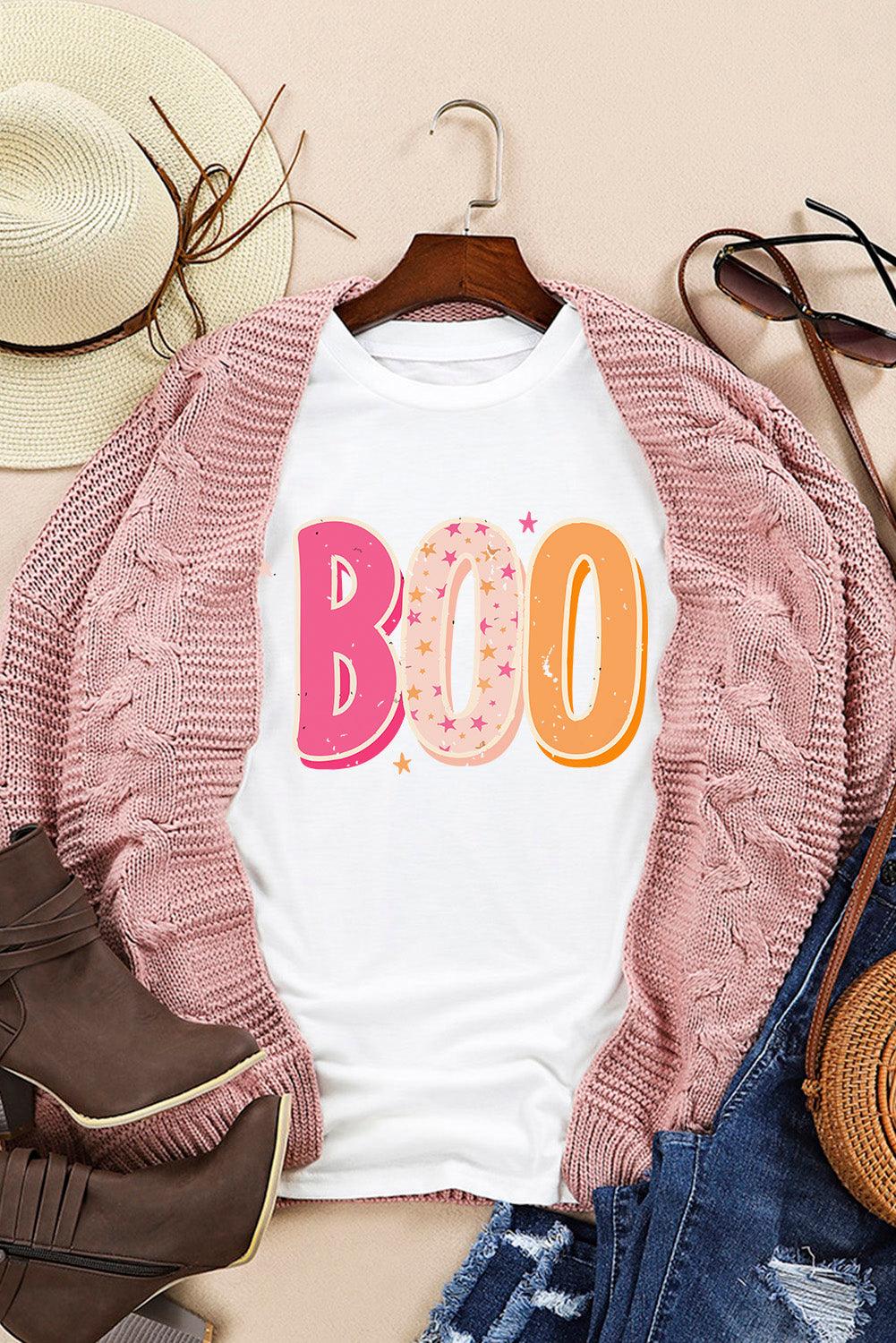 White Halloween BOO Letter Graphic T-shirt - L & M Kee, LLC