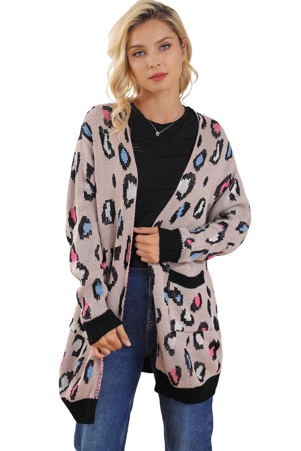 Leopard Contrast Trim Pocketed Open Cardigan - L & M Kee, LLC