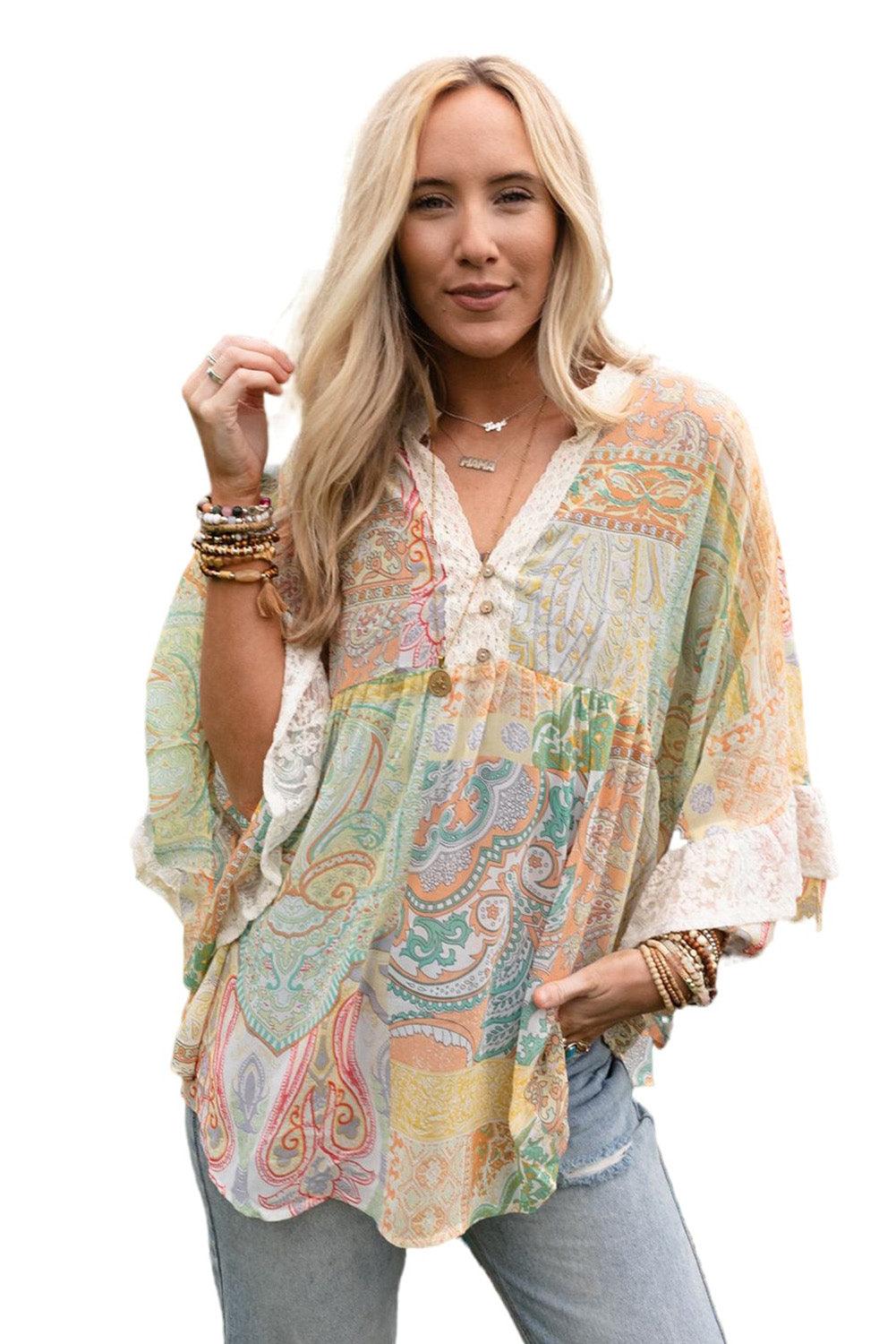 Multicolor Paisley Print Bell Sleeve Lace V-Neck Button Sheer Blouse - L & M Kee, LLC