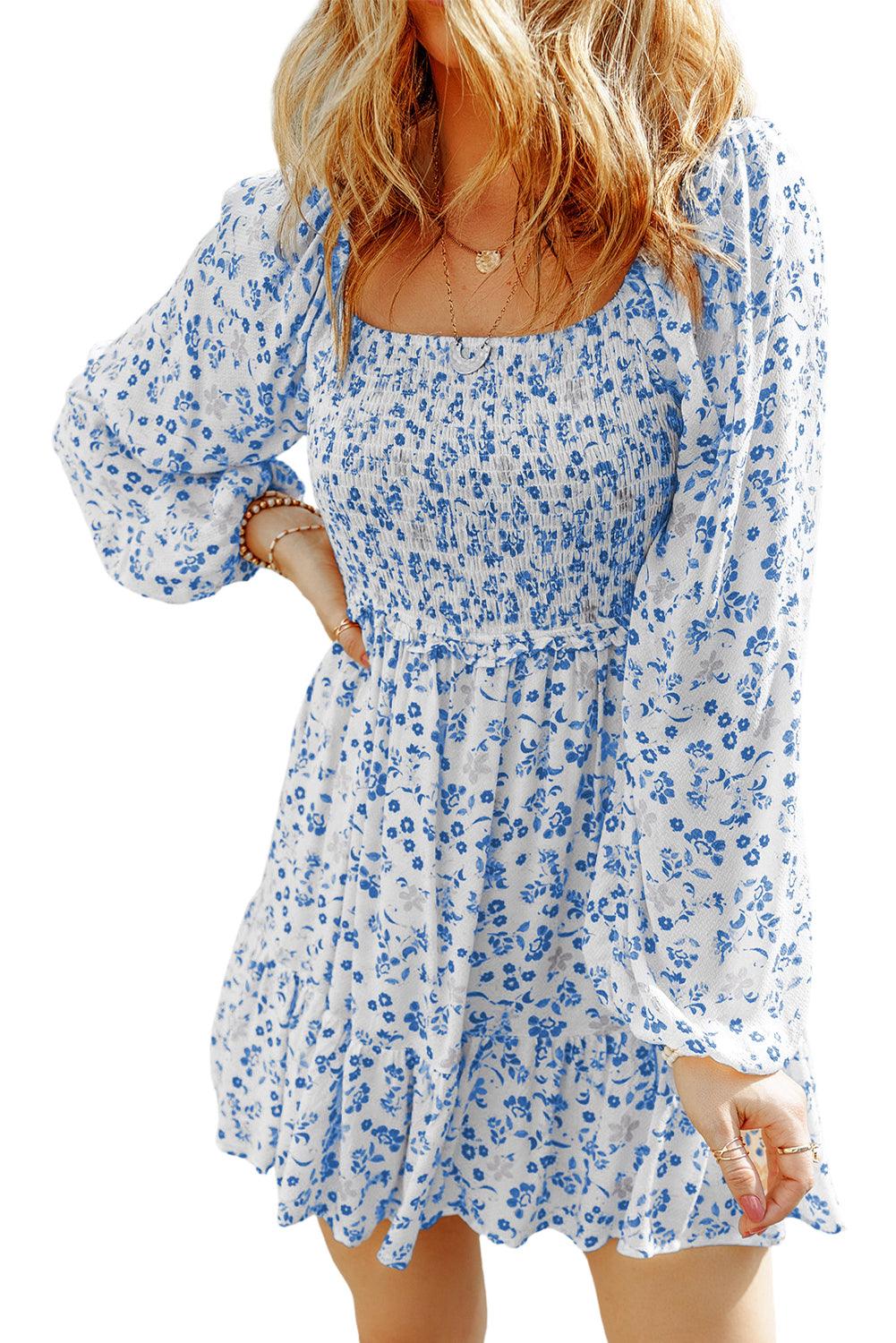 Light Blue Boho Floral Smocked Puff Sleeve Mini Dress - L & M Kee, LLC