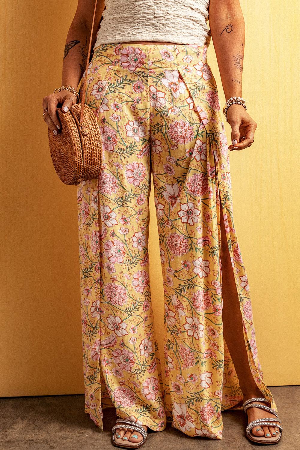 Yellow Floral Print High Slit Wide Leg Pants - L & M Kee, LLC