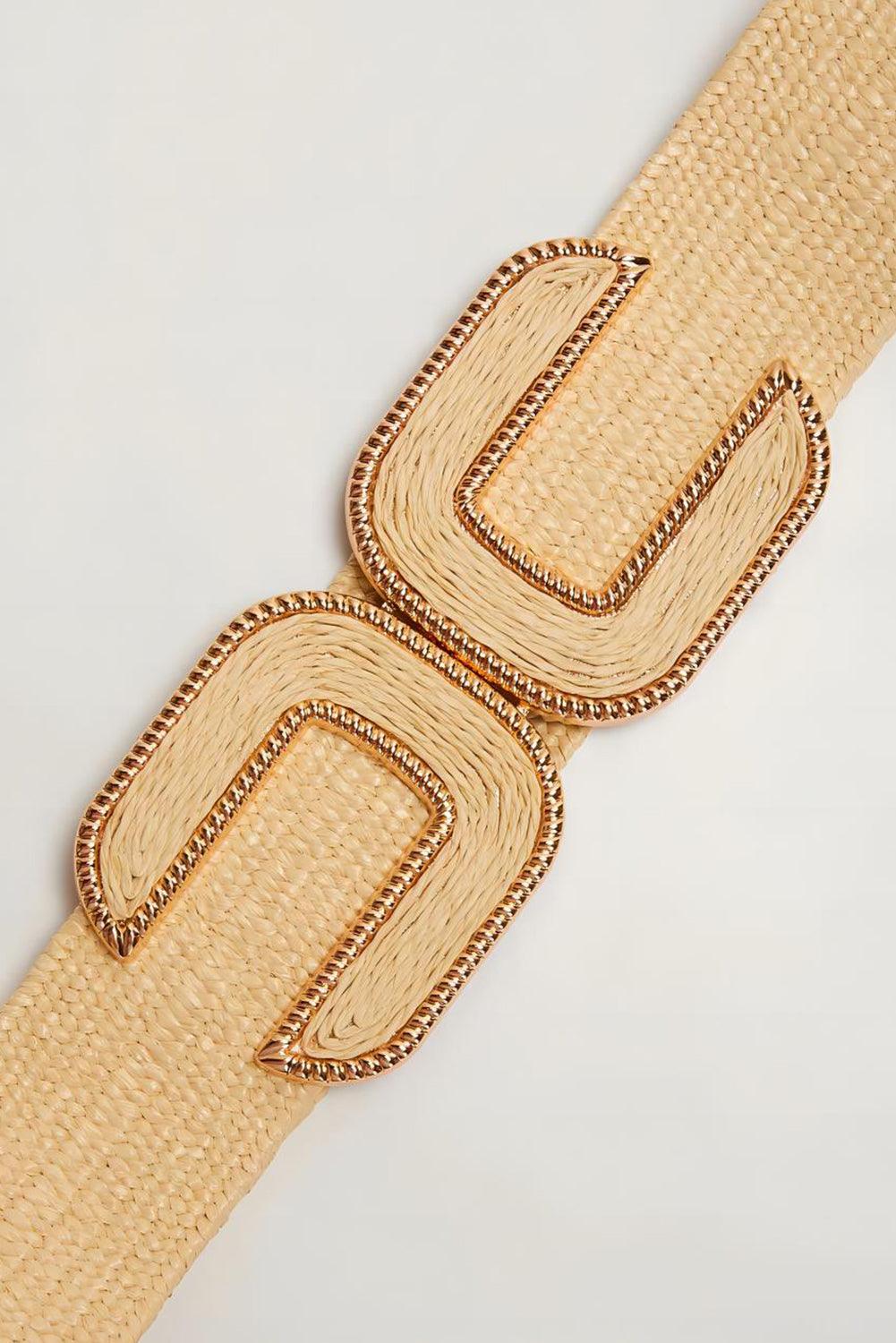 Beige Straw Braided Elastic Wide Belt - L & M Kee, LLC