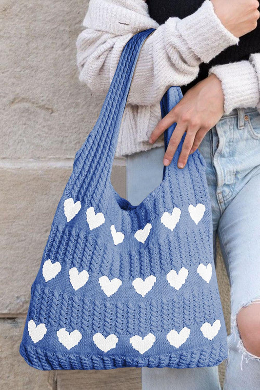 Blue Heart Pattern Knit Large Shoulder Bag - L & M Kee, LLC