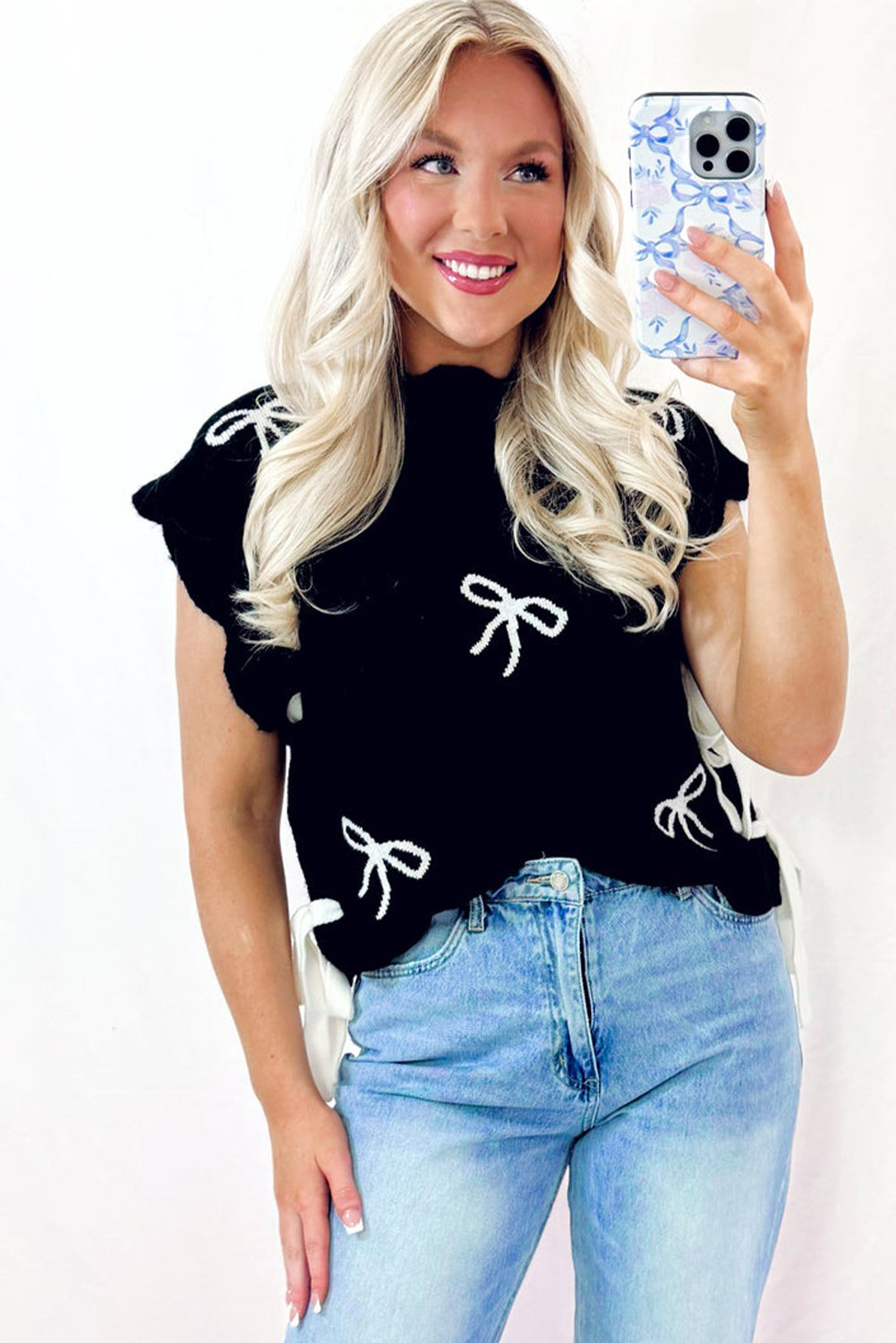 Black Bow Print Side Ties Scalloped Hem Sweater T Shirt