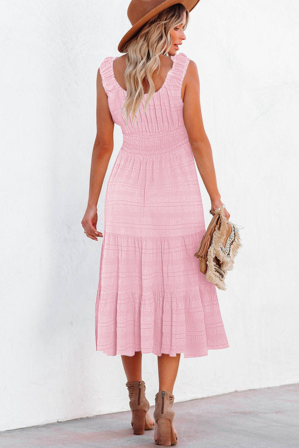 Apricot Shirred Pleated Square Neck Sleeveless Midi Dress
