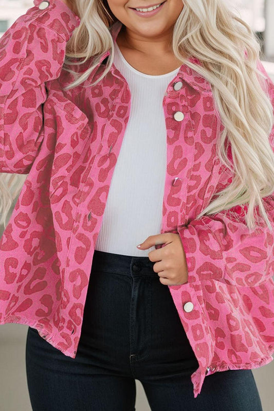 Pink Plus Size Leopard Print Button Cuffs Raw Hem Jacket - L & M Kee, LLC