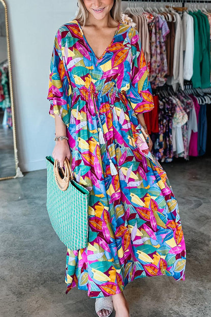 Multicolour Abstract Print High Waist V Neck Maxi Dress - L & M Kee, LLC