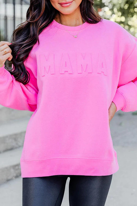 Bright Pink MAMA Letter Embossed Casual Sweatshirt - L & M Kee, LLC