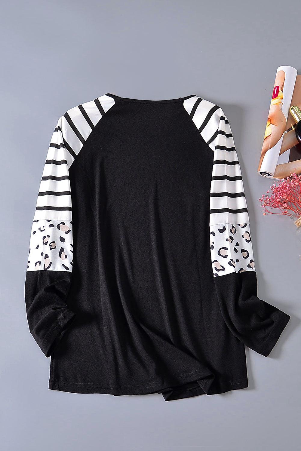 Black Striped Animal Print Colorblock Long Sleeve Top - L & M Kee, LLC