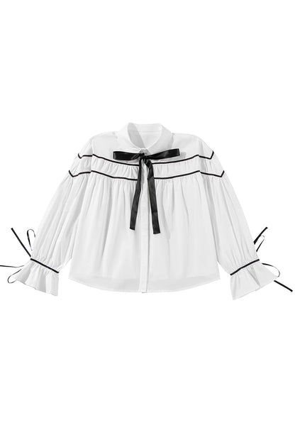 White Black Pipping Ribbon Bowtie Collared Ruffled Puff Sleeve Shirt