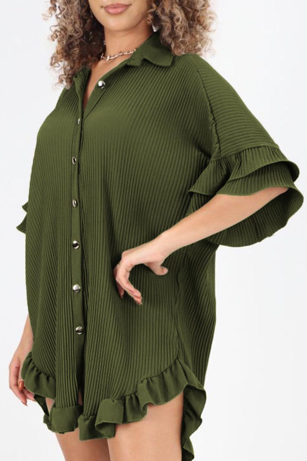 Moss Green High-low Hem Ruffle Sleeve Pleated Shirt Dress - L & M Kee, LLC