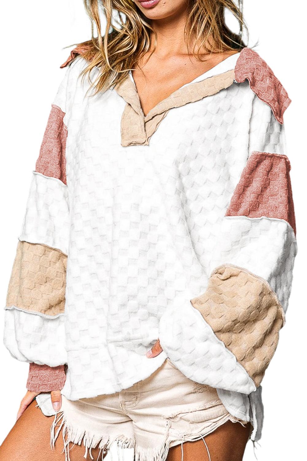 White Plaid Patchwork Exposed Seam V Neck Loose Blouse - L & M Kee, LLC